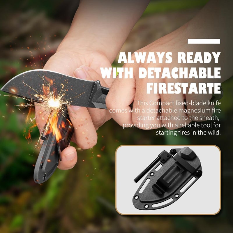 DRACHENADER Survival Knife with Fire Starter L-Y, 7.68" Tactical Small Fixed Blade EDC Knife for Men, Full Tang, Stonewashed Black Blade & Black Handle - Image 2